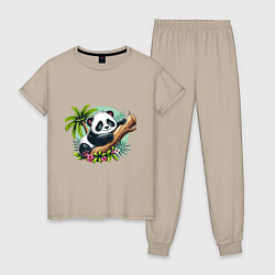 Пижама хлопковая женская Панда в тропиках, цвет: миндальный