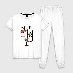 Пижама хлопковая женская Абстракция бутылка и бокал вина, цвет: белый