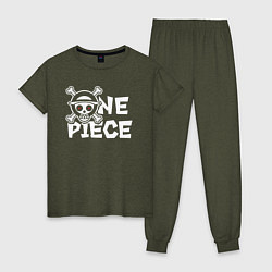 Пижама хлопковая женская One piece - логотип, цвет: меланж-хаки