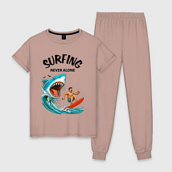 Пижама хлопковая женская Shark and surfer - never alone, цвет: пыльно-розовый