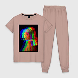 Пижама хлопковая женская Девушка с жемчужной серёжкой с глюками, цвет: пыльно-розовый