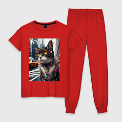 Пижама хлопковая женская Пирсинг Нью-Йоркского кота - нейросеть, цвет: красный