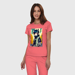 Пижама хлопковая женская Девочка котёнок - нейросеть, цвет: коралловый — фото 2