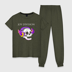 Пижама хлопковая женская Joy Division - неоновый череп, цвет: меланж-хаки