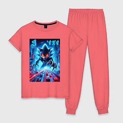 Пижама хлопковая женская Hedgehog in neon metropolis - ai art, цвет: коралловый