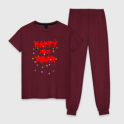 Пижама хлопковая женская Happy New Year ярко-красным, цвет: меланж-бордовый
