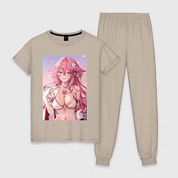 Пижама хлопковая женская Яэ Мико, цвет: миндальный