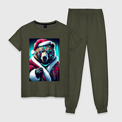 Пижама хлопковая женская Cyber bear - Santa Claus, цвет: меланж-хаки