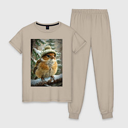 Пижама хлопковая женская Воробей в шапке, цвет: миндальный