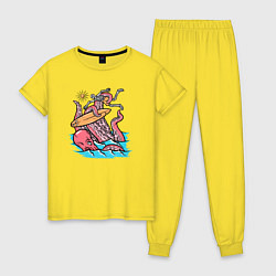 Пижама хлопковая женская Осьминог напал на серфера, цвет: желтый
