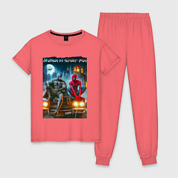 Пижама хлопковая женская Разговор Бэтмена и человека паука на капоте автомо, цвет: коралловый