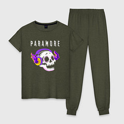 Пижама хлопковая женская Paramore - неоновый череп, цвет: меланж-хаки