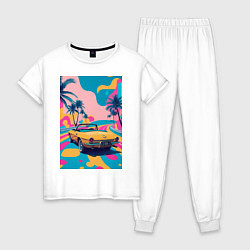 Пижама хлопковая женская Кабриолет едет по тропическому острову, цвет: белый