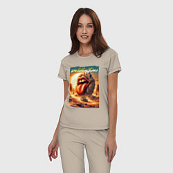 Пижама хлопковая женская Rolling Stones - stylization of the logo, цвет: миндальный — фото 2