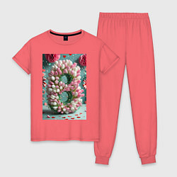 Пижама хлопковая женская Тюльпаны к 8 марта, цвет: коралловый