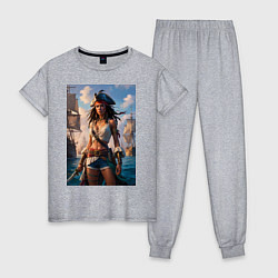 Пижама хлопковая женская Пиратка на фона флотилии кораблей, цвет: меланж