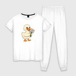 Пижама хлопковая женская Милая уточка с букетом ромашек, цвет: белый