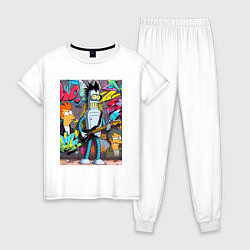 Пижама хлопковая женская Бендер с гитарой и Фрай - граффити, цвет: белый