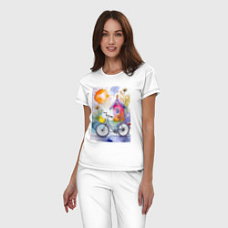 Пижама хлопковая женская Утенок на велосипеде - акварель, цвет: белый — фото 2