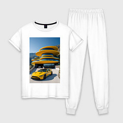 Пижама хлопковая женская Желтый суперкар у дома, цвет: белый