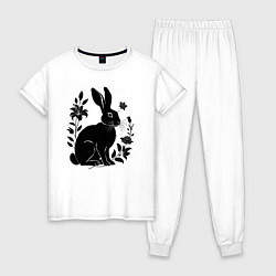 Пижама хлопковая женская Черный кролик среди роз, цвет: белый