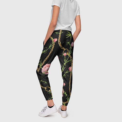 Женские брюки Versace Золотая цепь и розы / 3D-принт – фото 4
