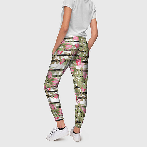 Женские брюки Акварельные розы на полосатом / 3D-принт – фото 4