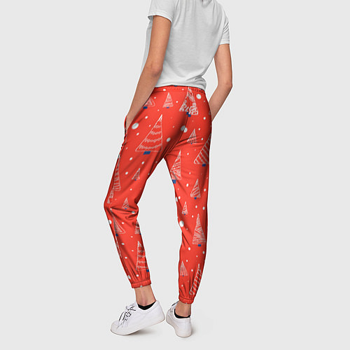 Женские брюки Контур из белых елочек на красном фоне с синим сне / 3D-принт – фото 4