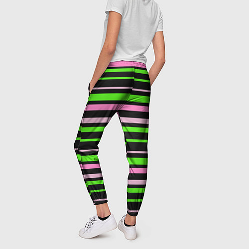 Женские брюки Полосаты узор в зелено-розовых оттенках на черном / 3D-принт – фото 4