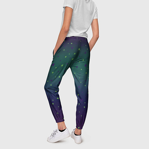 Женские брюки Неоновые зеленые и сиреневые звезды на темно зелен / 3D-принт – фото 4