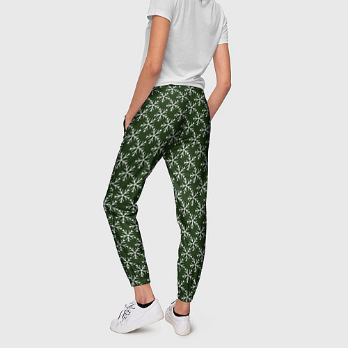 Женские брюки Паттерн снежинки тёмно-зелёный / 3D-принт – фото 4