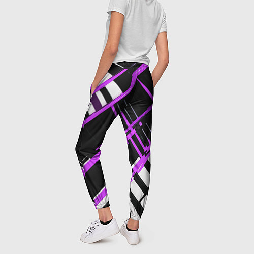 Женские брюки Фиолетово-белые линии на чёрном фоне / 3D-принт – фото 4