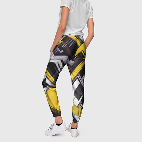 Женские брюки Бело-жёлтый техно паттерн на чёрном фоне / 3D-принт – фото 4