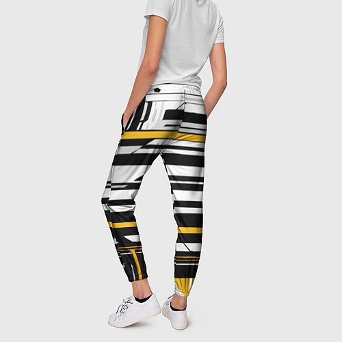 Женские брюки Жёлто-белые технологические линии на чёрном фоне / 3D-принт – фото 4