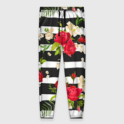 Брюки женские Красные розы на черных полосках, цвет: 3D-принт