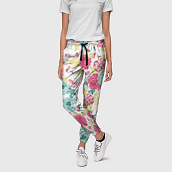 Брюки женские Розы красные и бирюзовые, цвет: 3D-принт — фото 2