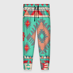Брюки женские Оранжево бирюзовый геометрический узор в стиле ацт, цвет: 3D-принт
