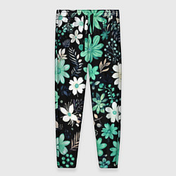 Брюки женские Чёрный в зелёный цветочек стилизованный, цвет: 3D-принт