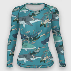 Рашгард женский Ныряльщики и акулы - паттерн, цвет: 3D-принт