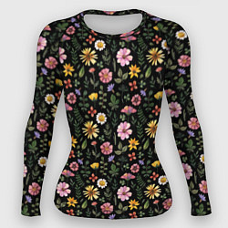 Рашгард женский Цветочная полянка на темном фоне, цвет: 3D-принт