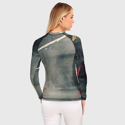 Женский рашгард Серый туман и красные, оранжевые, белые мазки крас / 3D-принт – фото 4
