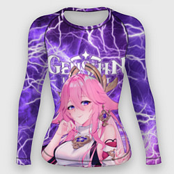 Рашгард женский Яэ Мико на фоне молний, цвет: 3D-принт