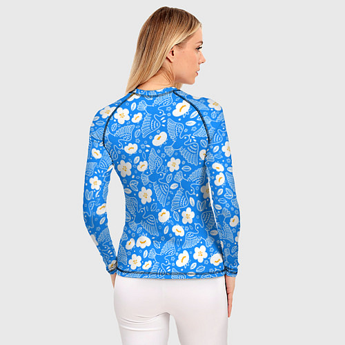 Женский рашгард Белые птицы голуби и цветы яблони на синем фоне не / 3D-принт – фото 4