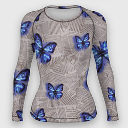Рашгард женский Газетные обрывки и синие бабочки, цвет: 3D-принт