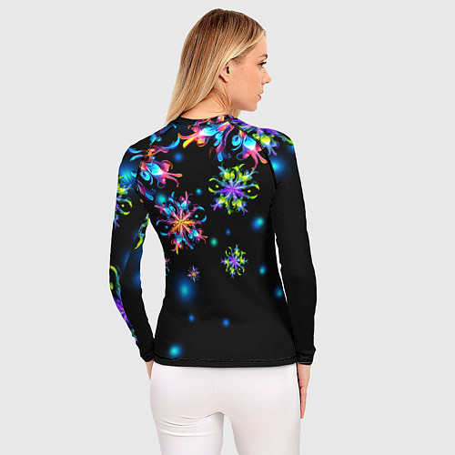 Женский рашгард Неоновые снежинки - Новый год / 3D-принт – фото 4