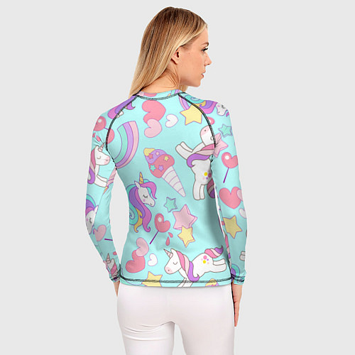 Женский рашгард Единорог мороженое конфета и сердечки на голубом ф / 3D-принт – фото 4
