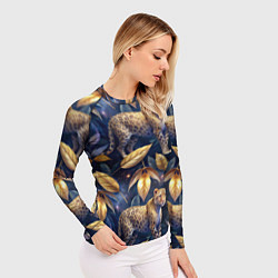 Рашгард женский Леопард с золотыми листьями паттерны, цвет: 3D-принт — фото 2