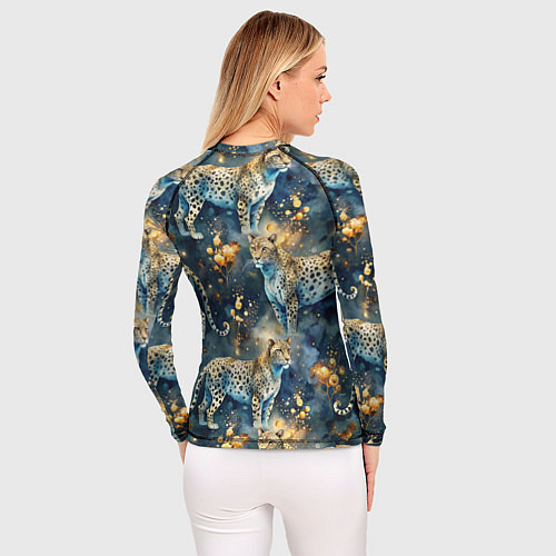 Женский рашгард Леопард и золотые капли на синем фоне / 3D-принт – фото 4