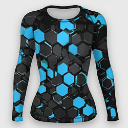 Рашгард женский Сине-серые шестиугольники на чёрном фоне, цвет: 3D-принт