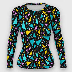 Рашгард женский Разноцветные яркие треугольники на черном, цвет: 3D-принт